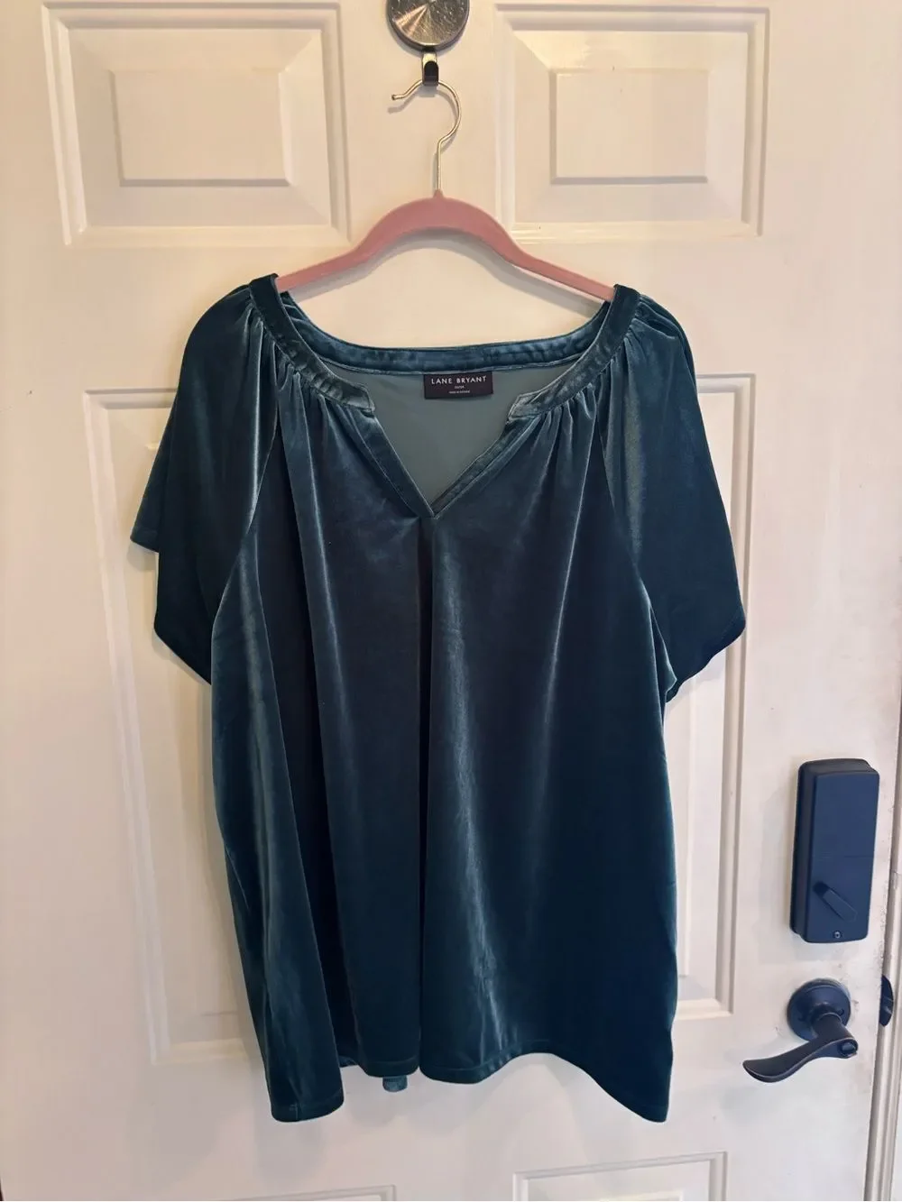 Lane Bryant Teal Velvet V-Neck Short Sleeve Blouse